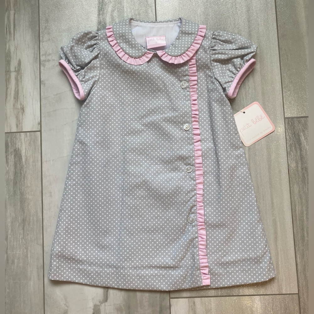 NWT Petit Bebe Classic Gray Polka Dot Float Dress w/ Pink Check Ruffle Girls 2T